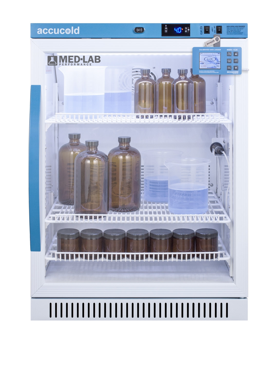 Performance series Med-Lab 6 cu.ft. freestanding glass door ADA height all-refrigerator, with antimicrobial silver ion handle and hospital grade cord with 'green dot' plug